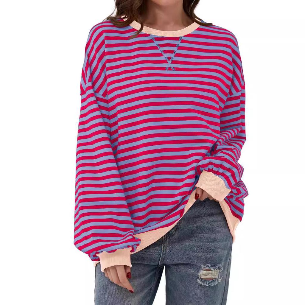 Women's T-shirt Bottoming Shirt Spring Simple Home Casual New Striped Pattern Round Neck Trend Long-sleeved Pullover Color Matching T-shirt
