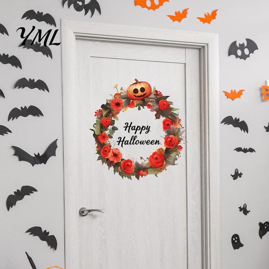 Indoor Outdoor Holiday Decorations Halloween Wreath Wall Stickers, Happy Garland Decals, Retro Autumn Pumpkin Weatherproof Glass Ornaments &
