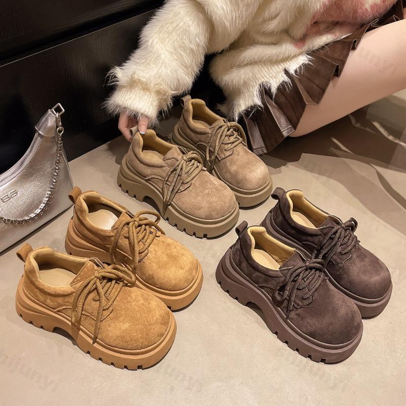 Platform Loafers Women Autumn New Vintage Comfortable Lace Up Fashion Single Shoes Outdoor Non Slip Height Increase Casual Shoes