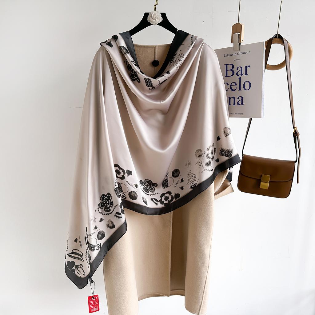 Botanischer Rosenblumen-Blumenschal aus Satin, langer Seidenschal, Geschenk für Mama, Sonnenschutz, Außenschal