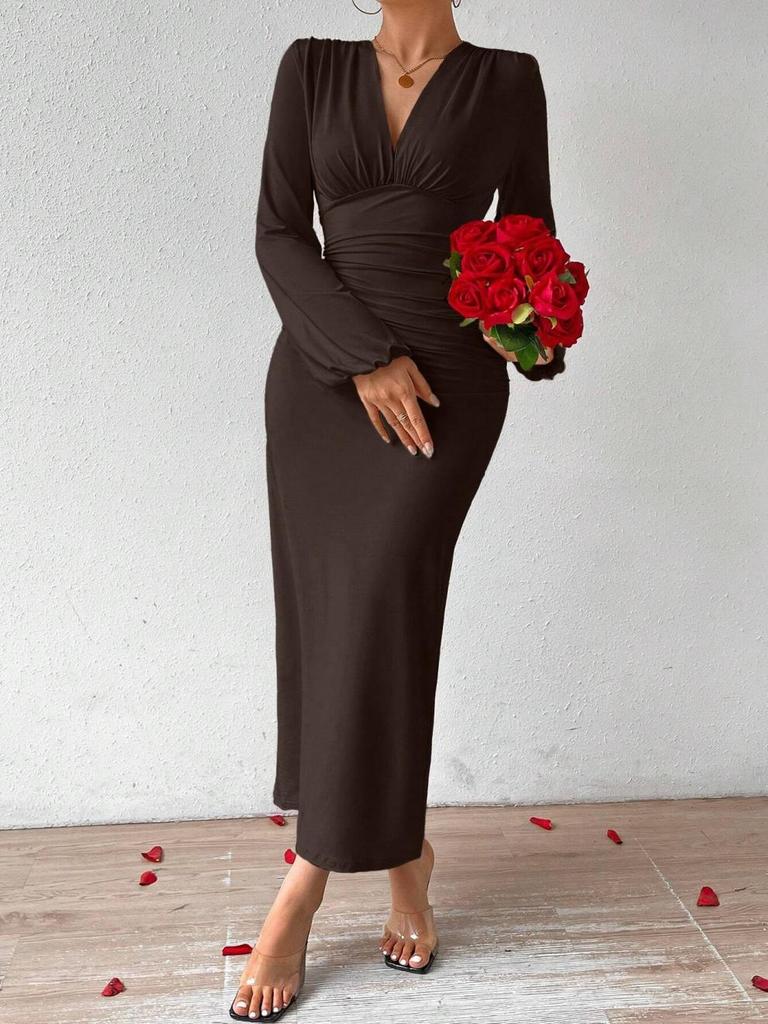 V-Neck High-Waist Slimming Long-Sleeve Evening Dress for Women