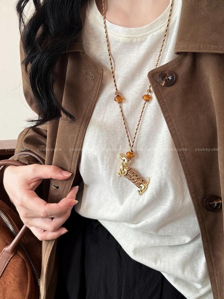 Exquisite Metal Sausage Puppy Pendant Necklace - Women's Long Sweater Chain with Woven Cord, Niche Design