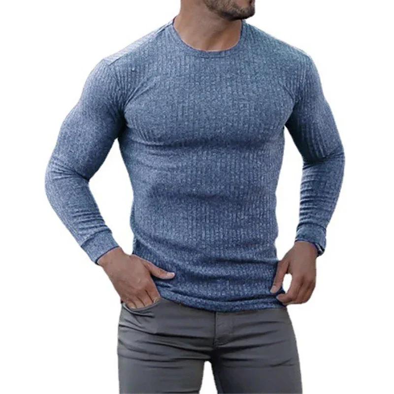 Muscleguys Autumn Running T-shirts Mens Classic Ribbed Knit Jumper Sports Long Sleeved Slim Fit Round Neck Casual Gym Fitness T Shirt