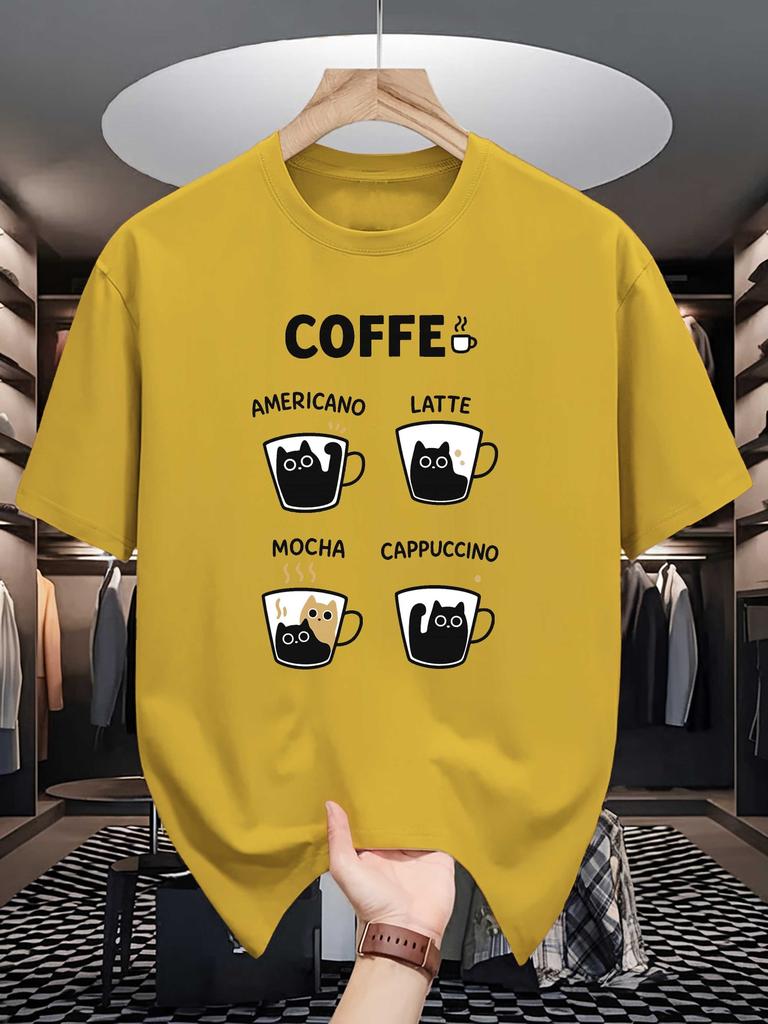 Unisex Orange Tee Cute Coffee Cup Black Cat Letter Slogan Graphic Print Crew Neck Short Sleeve Summer Casual Male Cotton Street Top