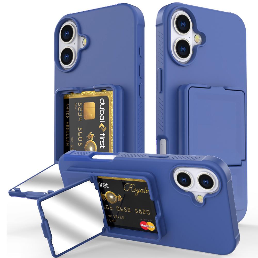 For iPhone 16 Plus Case Skin-Touch Card Holder TPU + PC Phone Cover with Mirror Kickstand