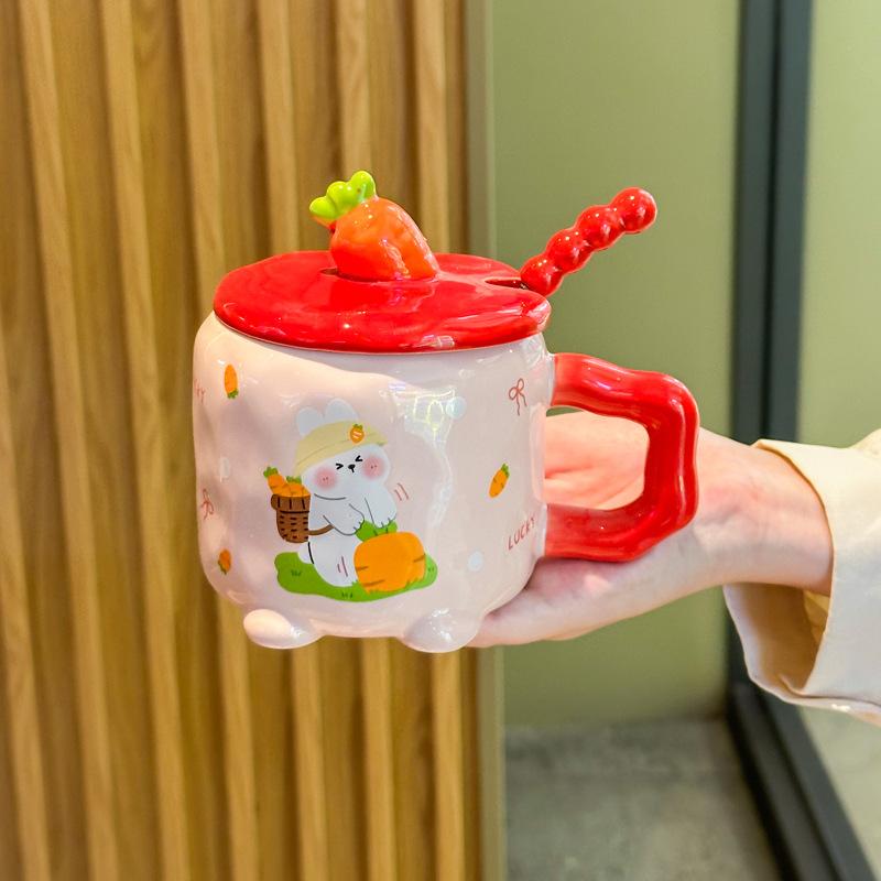 Cute and high-value radish rabbit ceramic cup with lid spoon girl couple mug for girlfriend birthday gift