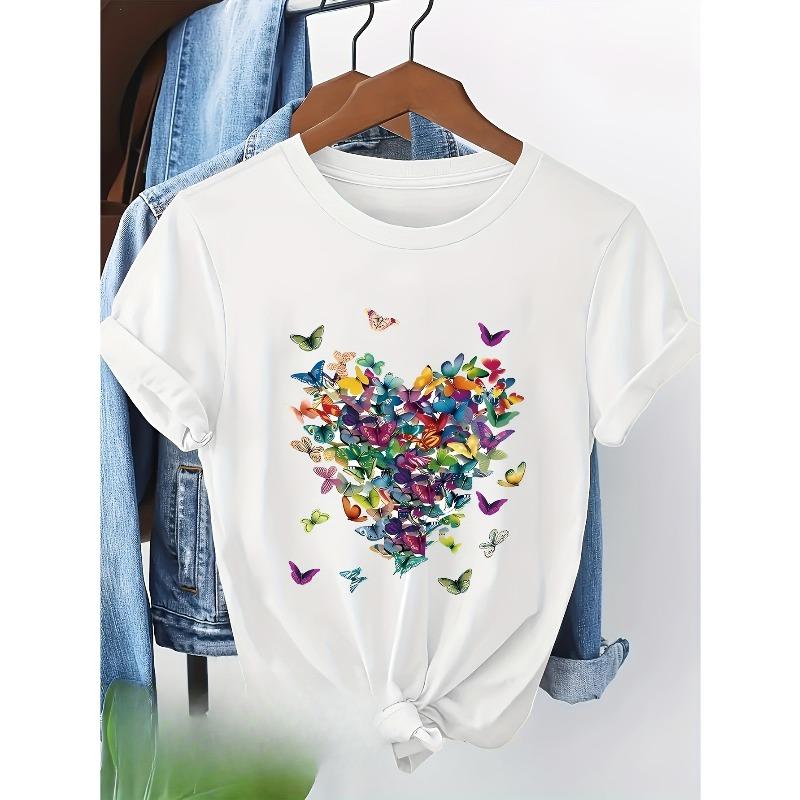European sizes Elegant Butterfly Pattern Printed Women'S Short-Sleeve T-Shirt Perfect for Holidays, Graduations