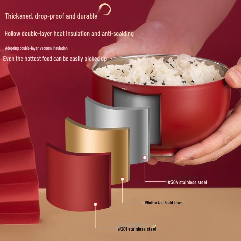 Red 304 Stainless Steel Bowl Set, Double-Layer, Anti-Scald, Heat Insulation - Available in Four or Six-Piece Sets.
