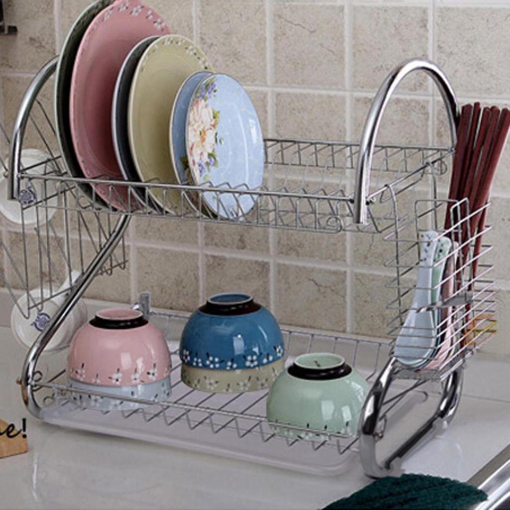 Kitchen 2-Tier Dish Drying Rack Drainer Holder Plates Cup Tableware Bowl Shelf Basket