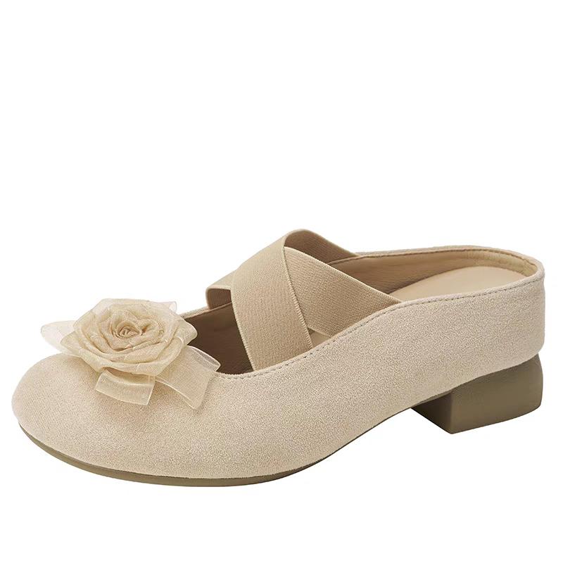 Fashion Inner Heightened Cool Drag Female Spring New Round Head Shallow Mouth Camellia Flower Soft Bottom One Foot and Half Drag