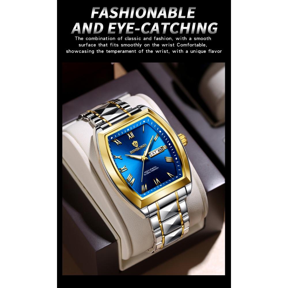 BINBOND B355 Stainless Steel Men Watch Top Quailty Luxury Push Button Hidden Clasp Waterproof Luminous Date Week Sport Men Watch