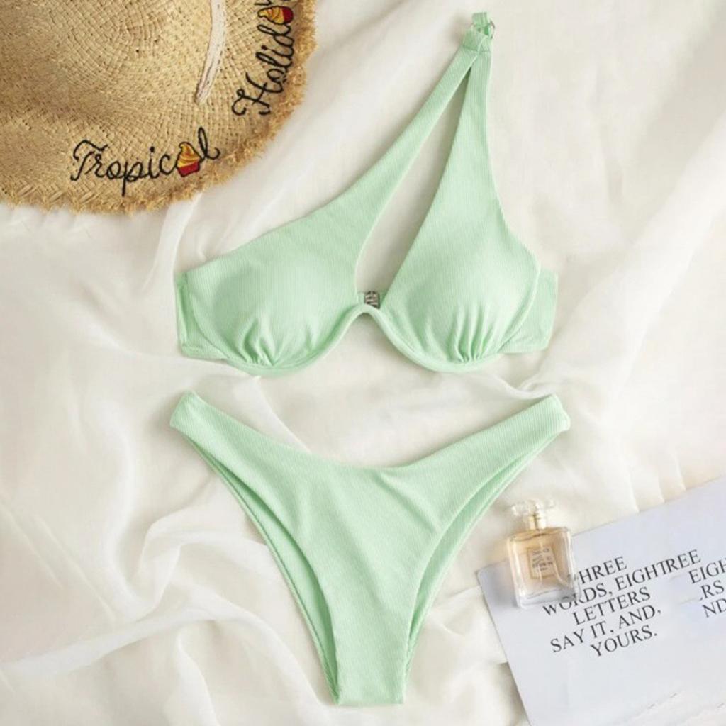 Women's Summer Fashion Sexy Solid Color One-shoulder Waist Split Adjusted Shoulder Straps Bikini Swimsuit Set