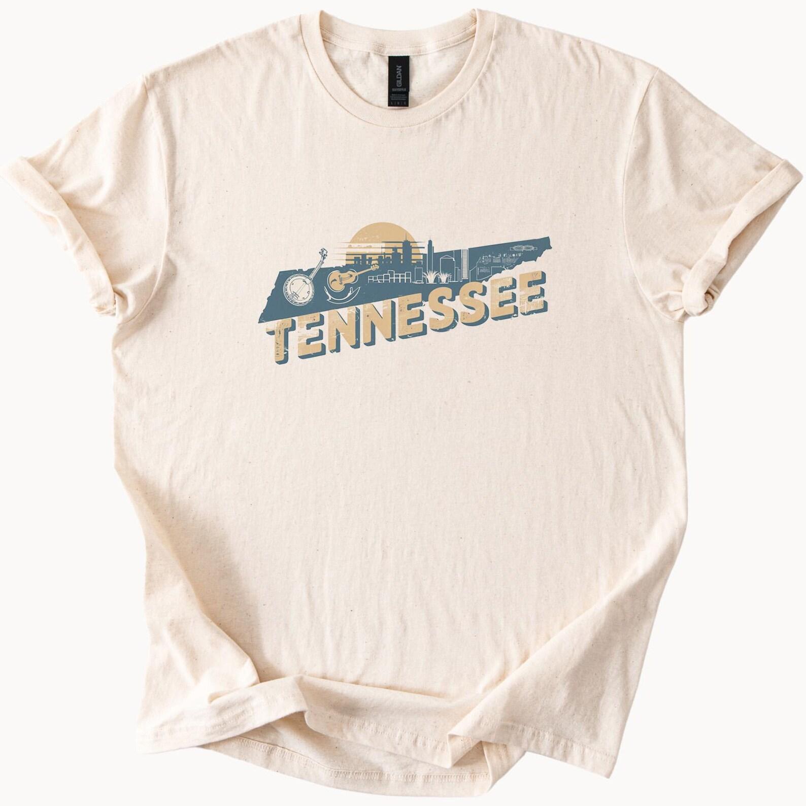 Tennessee State Outline Graphic T Shirt with Banjo Guitar Skyline and Sunset Unique Music City Souvenir Tee for Tennessee Lovers 160