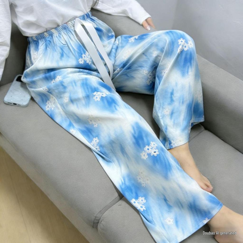 Damen-Blumen-Baumwoll-Seiden-Pyjama - Große Größen, Sommer, Leicht, Für draußen, Gerades Bein, Lockerer Schnitt