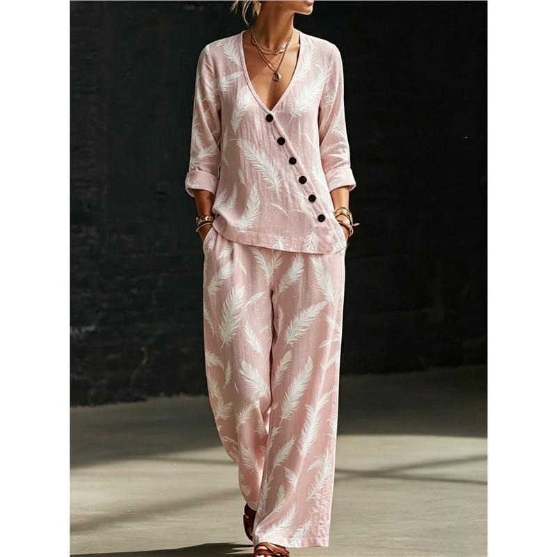 Summer new pink flamingo print V-neck diagonal shirt wide-leg pants two-piece set women's casual suit