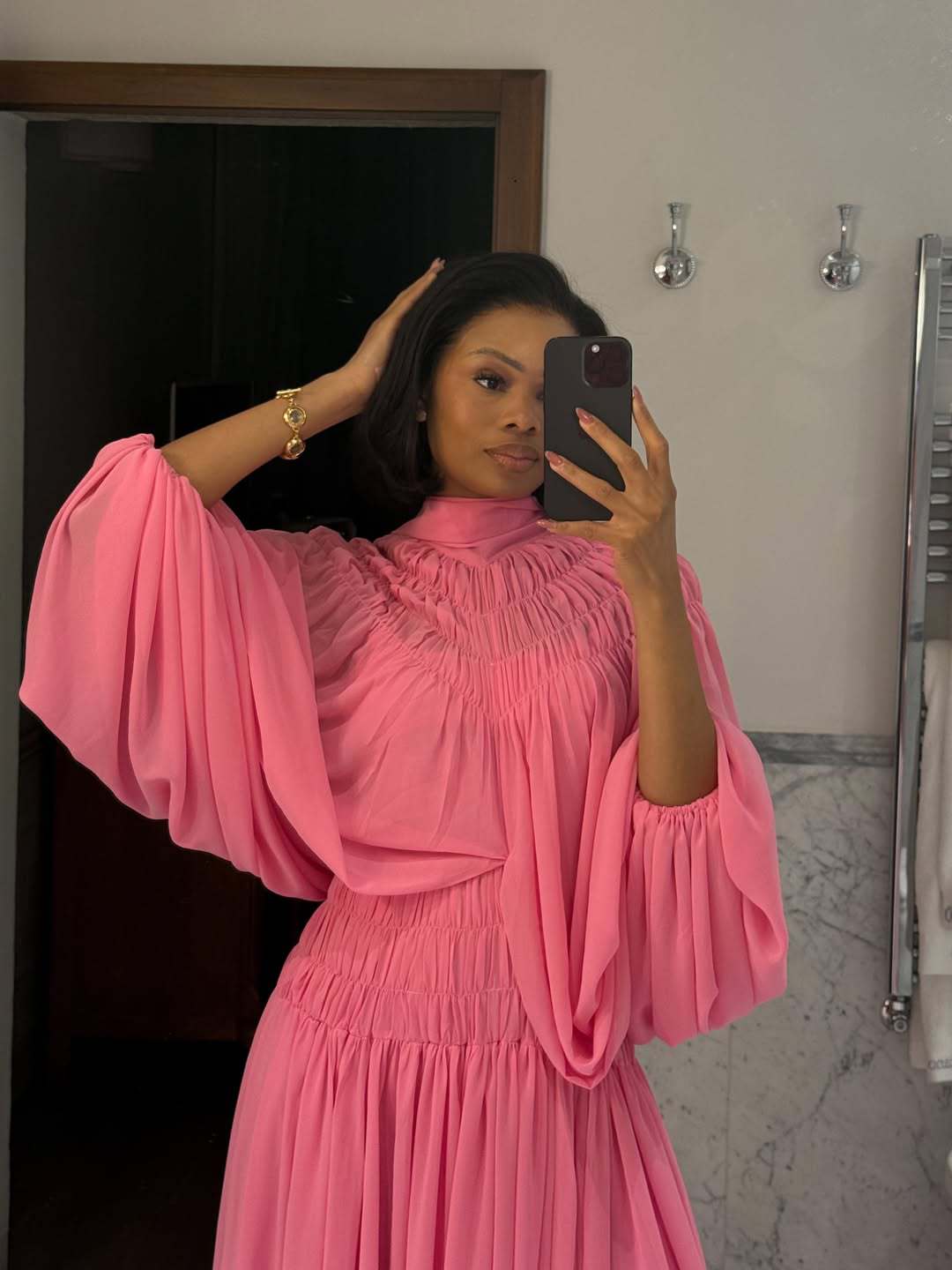 European and American foreign trade women s clothing 2026 spring new fresh and sweet long-sleeved stand-up collar pleated bat-sleeved dress S