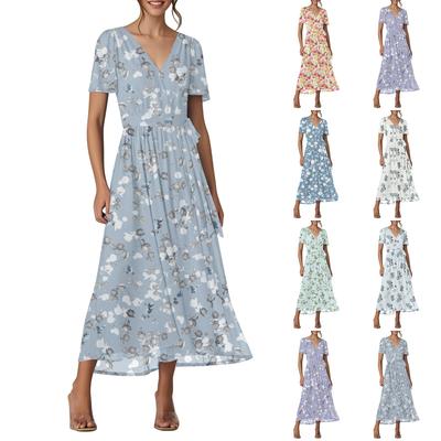 Women's Summer Floral Bohemian Dress Wrap V Neck Short Sleeves Ruffle A-Line Flowy Maxi Dress Summer Dresses For Women
