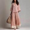 Autumn Women V-Neck Seven Sleeve Fashion Set French Elegant Casual Loose Holiday Wide Leg Pants Outfit Streetwear