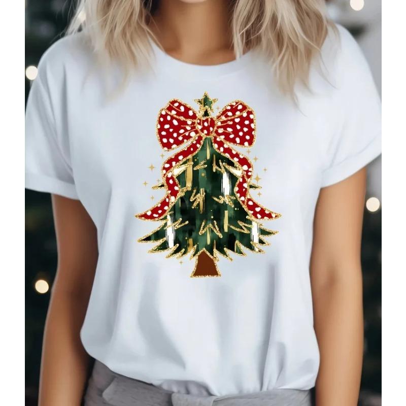 Camiseta Top Feminina Casual de Verão com Estampa de Árvore de Natal da Moda, Manga Curta, Gola Redonda