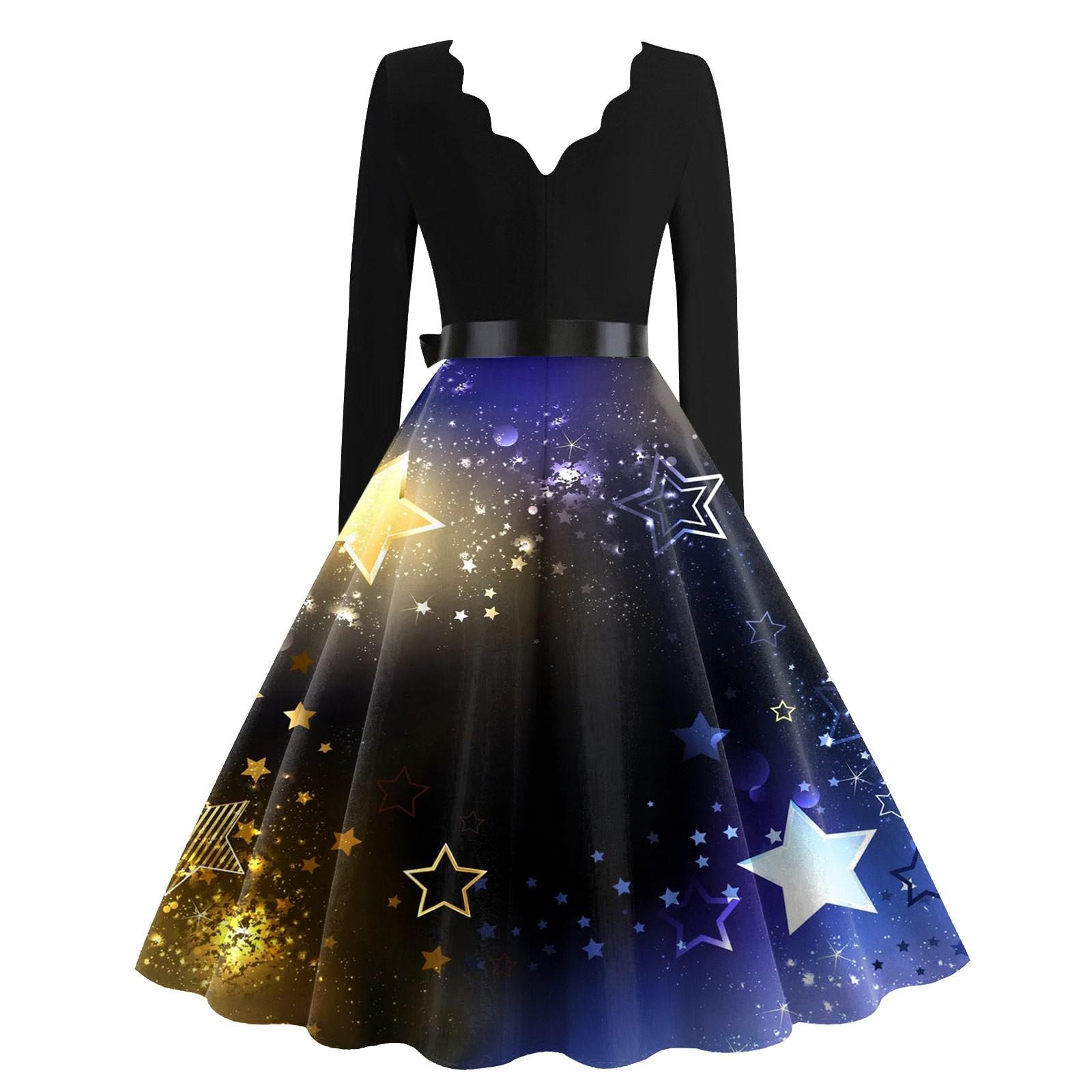 Женские рождественские повседневные модные винтажные платья с v-образным вырезом — фото 3