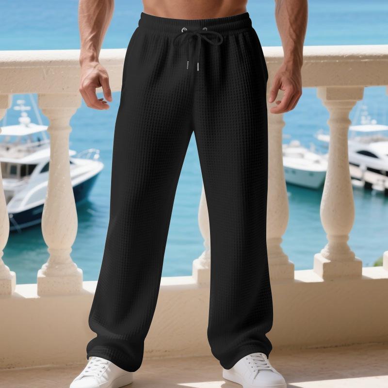 Mens Waffle Knit Straight Leg Drawstring Casual Pants