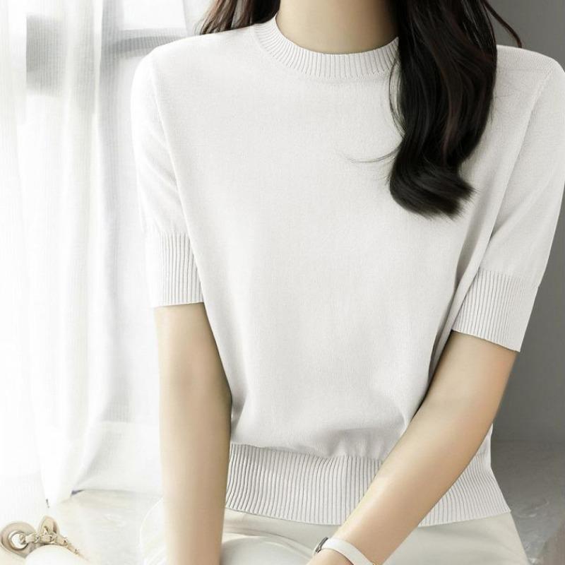

Трикотажная футболка с короткими рукавами, женский летний свитер с круглым вырезом, тонкий трикотажный свитер из ледяного шелка, однотонная повседневная рубашка One Size белый