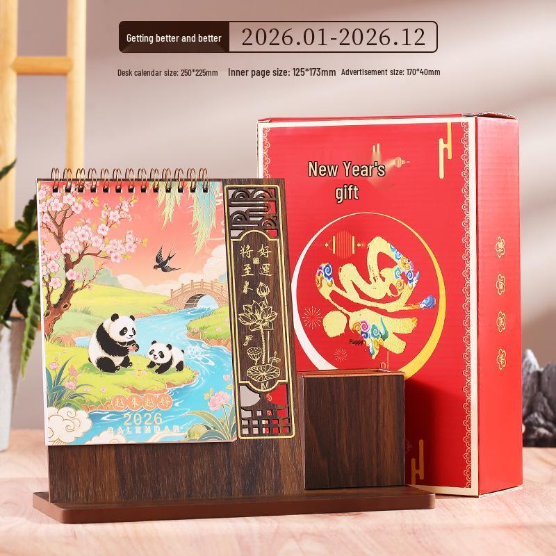 2026 Chinese Classical Style Desk Calendar: Wooden Stand, Business Gifts, Thank You Promotion, Customizable Logo Printing