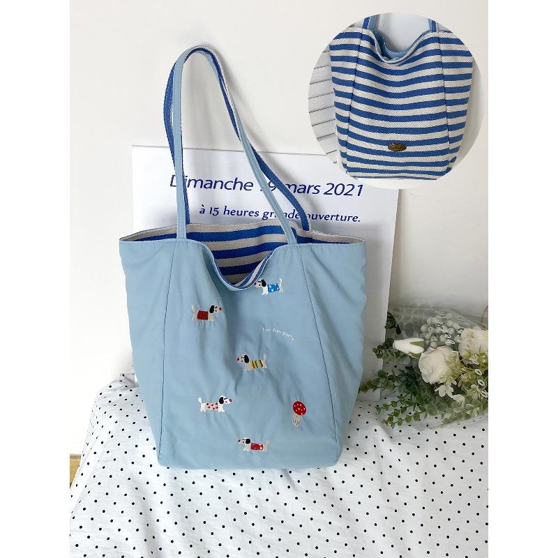 Early spring new dopamine double-sided shoulder bag cute dachshund dog embroidered canvas bag small fresh nylon underarm bag