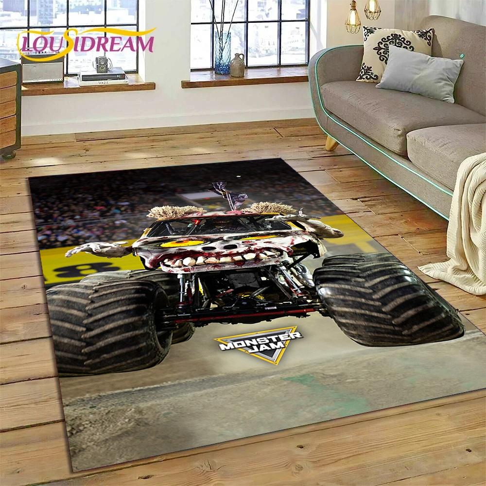 Tapete Cartoon Monster Truck Monster Jam para Sala de Estar Quarto Decoração de Casa, Tapete de Chão Antiderrapante Decoração para Sofá Capacho
