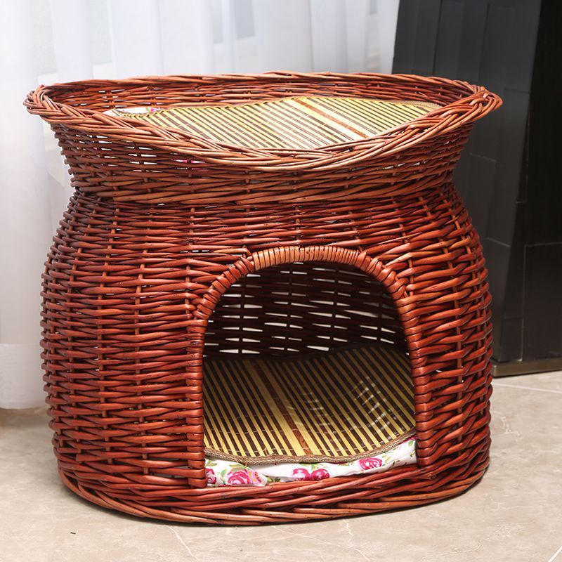 Medium Woven Rattan Pet House: Enclosed, Double-Layer, Washable, All-Season Cooling Mat for Dogs and Cats