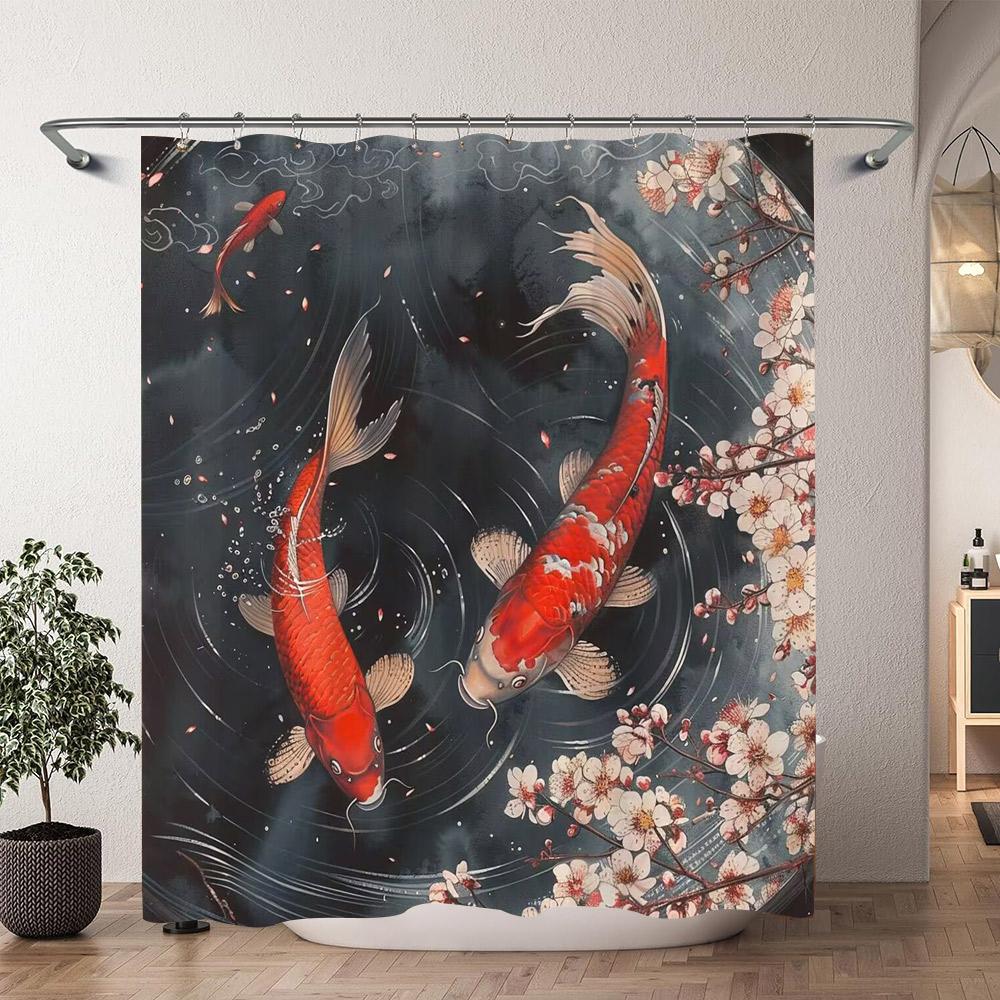 Chinesische Japanische Koi Tuschemalerei Duschvorhang Rot Kirschblüte Welle Fisch Aquarellmalerei Badevorhänge Badezimmerdekor