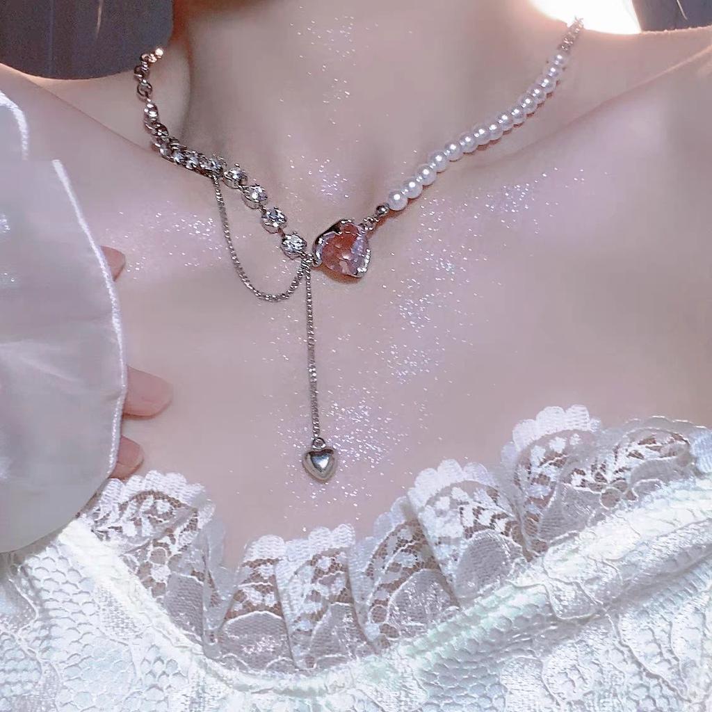 Pink Zircon Love Splicing Pearl Necklace Women'S Light Luxury High-End Neck Chain Sweet Niche Design Collarbone Chain Women