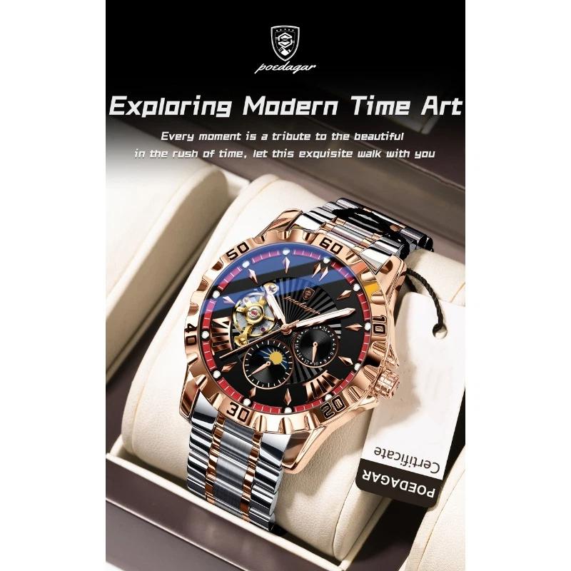 POEDAGAR Luxury Men Clock Hollow Tourbillon Automatic Mechanical Watch Waterproof Luminous Stainless Steel Watches+Box