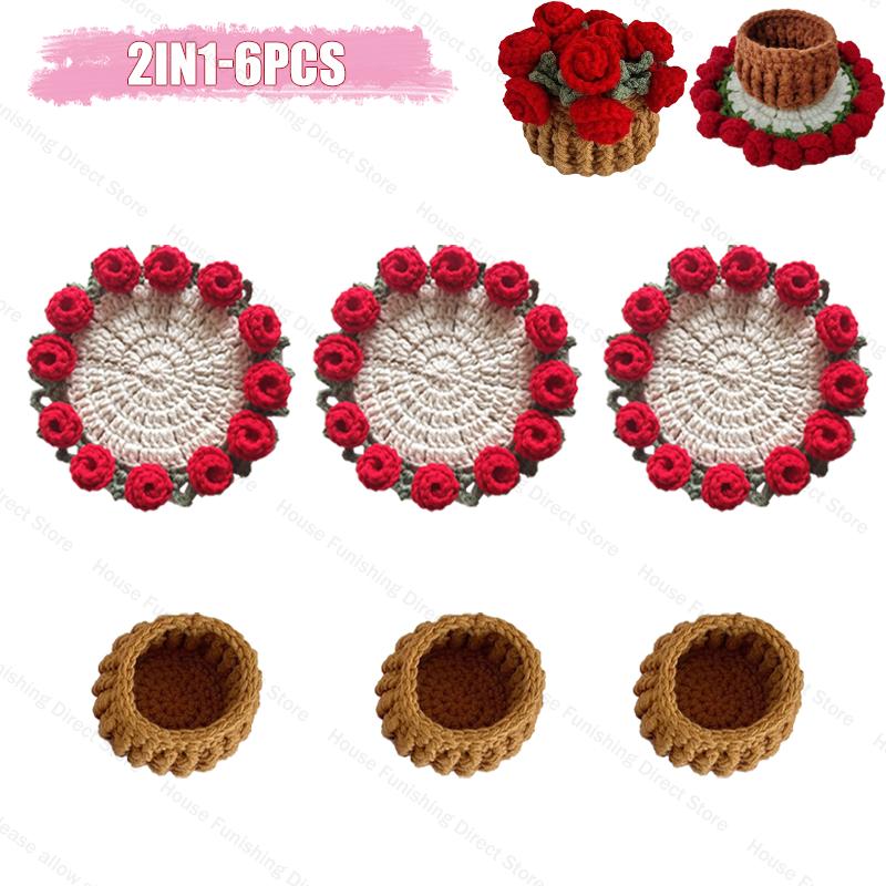 Handmade Crochet Rose Flower Valentine's Day Coaster Heat Resistant Kitchen Table Mat Romantic Home Decor Gift for Wedding Anniv