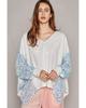 Azura Exchange White Abstract Floral Patchwork Batwing Sleeve V Neck Blouse