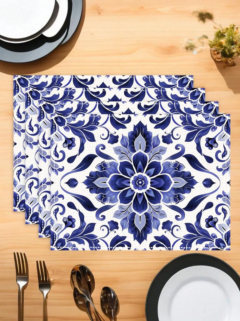 1 STuks 30x45cm Blauw En Wit Keramische Stijl Geometrisch Bohemien Placemat Tafelkleed Set Voor Koffiemok Kom En Borden Decoratie