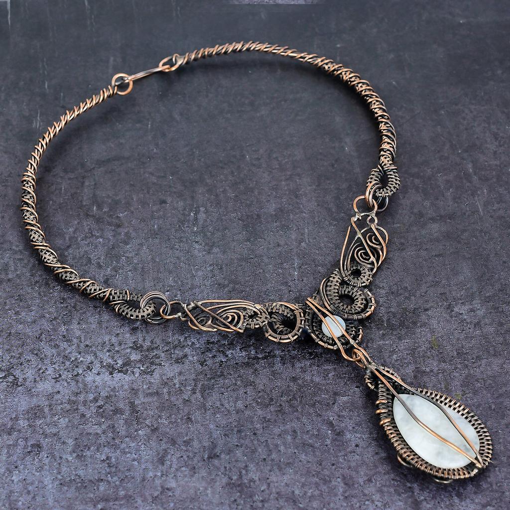 Natural Moonstone, Larimar Gemstone Copper Wire Wrap Jewelry Necklace 18" F6w98