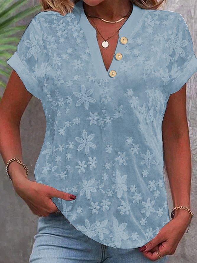 Women's Summer Floral V-Neck Blouse Casual Short Sleeve Button T-Shirt