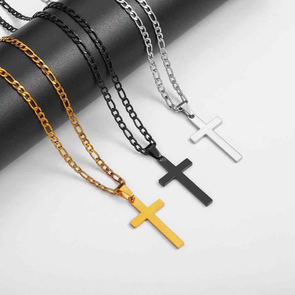 18k Gold Stainless Steel Men's Figaro Chain Necklace with Black, Silver, and Gold Cross Pendants