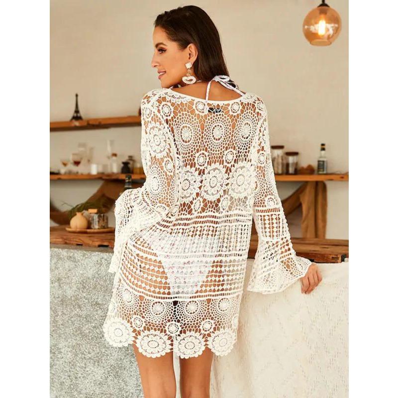 DIMANAF New 2024 T-Shirt Women Knitting Lace Long sleeve O-Neck Hollow Summer Style Basic Tops Tees Loose White Clothing