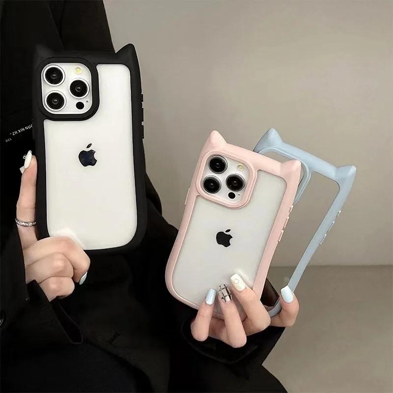 Soft Silicone Cute Cat Ear Phone Case For iPhone 11 12 13 14 15 Pro Max Transparent Shockproof Hard Acrylic Bumper Back Cover