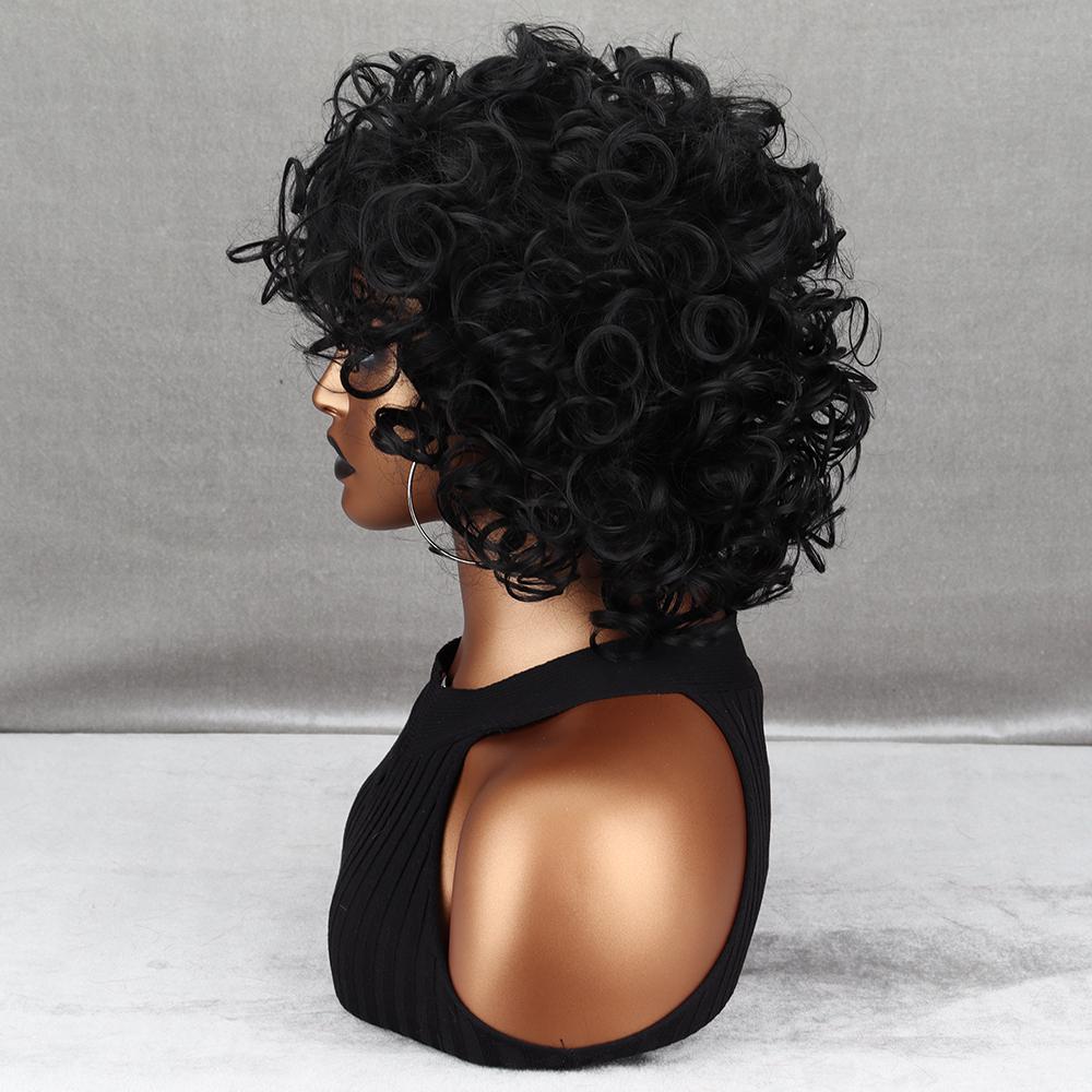 MISS WIG Kurze schwarze Afro-Lockenperücken mit Pony für schwarze Frauen, flauschige synthetische afrikanische Ombre-Perücken