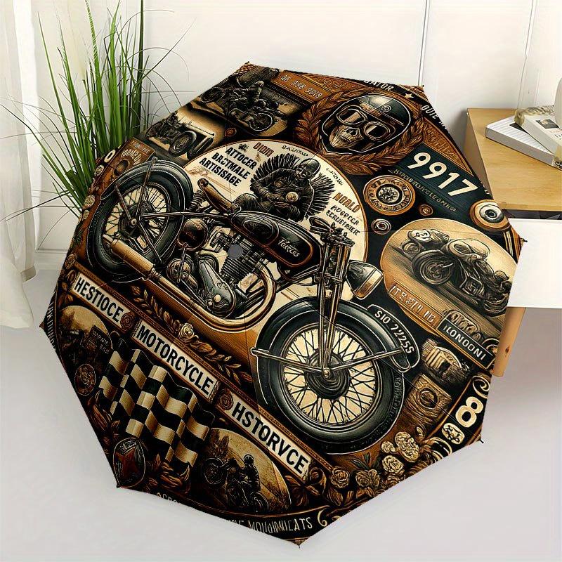 Vintage Motorrad Kunstdruck: Klassischer Biker Dekor Regenschirm, Niedlicher Regenschirm mit Niedlichem Design, Tragbarer 3-fach Kompakter Regenschirm für Herren & Damen, Valentin