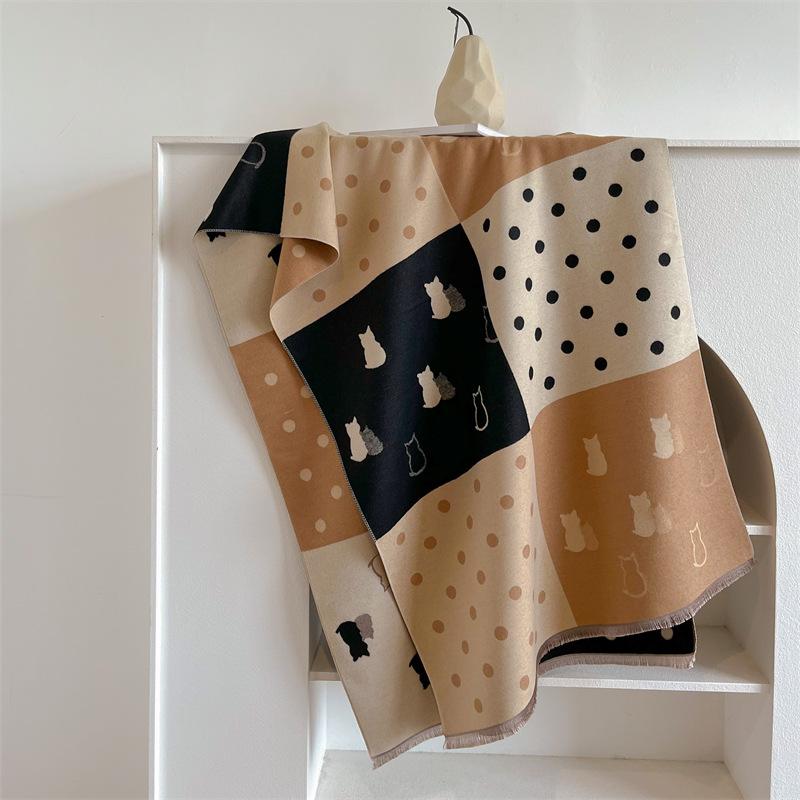 Color matching kitten polka dot cashmere scarf women's high-end new fashion autumn and winter warm scarf fleece cold-proof shawl