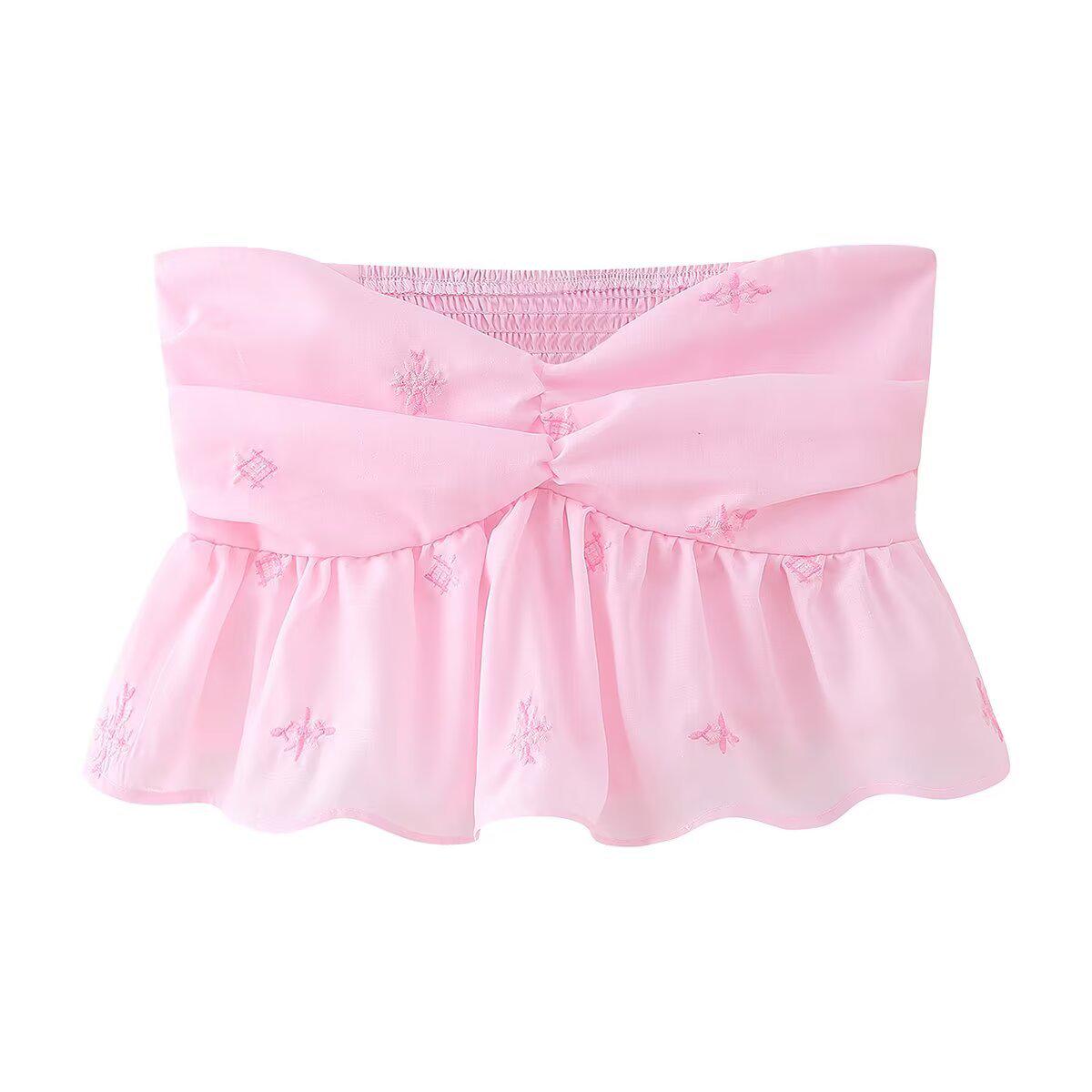 

Европейский и американский 2025 Весна/Лето Женский Сексуальный Вышитый Плиссированный Топ-Бандо Small розовый