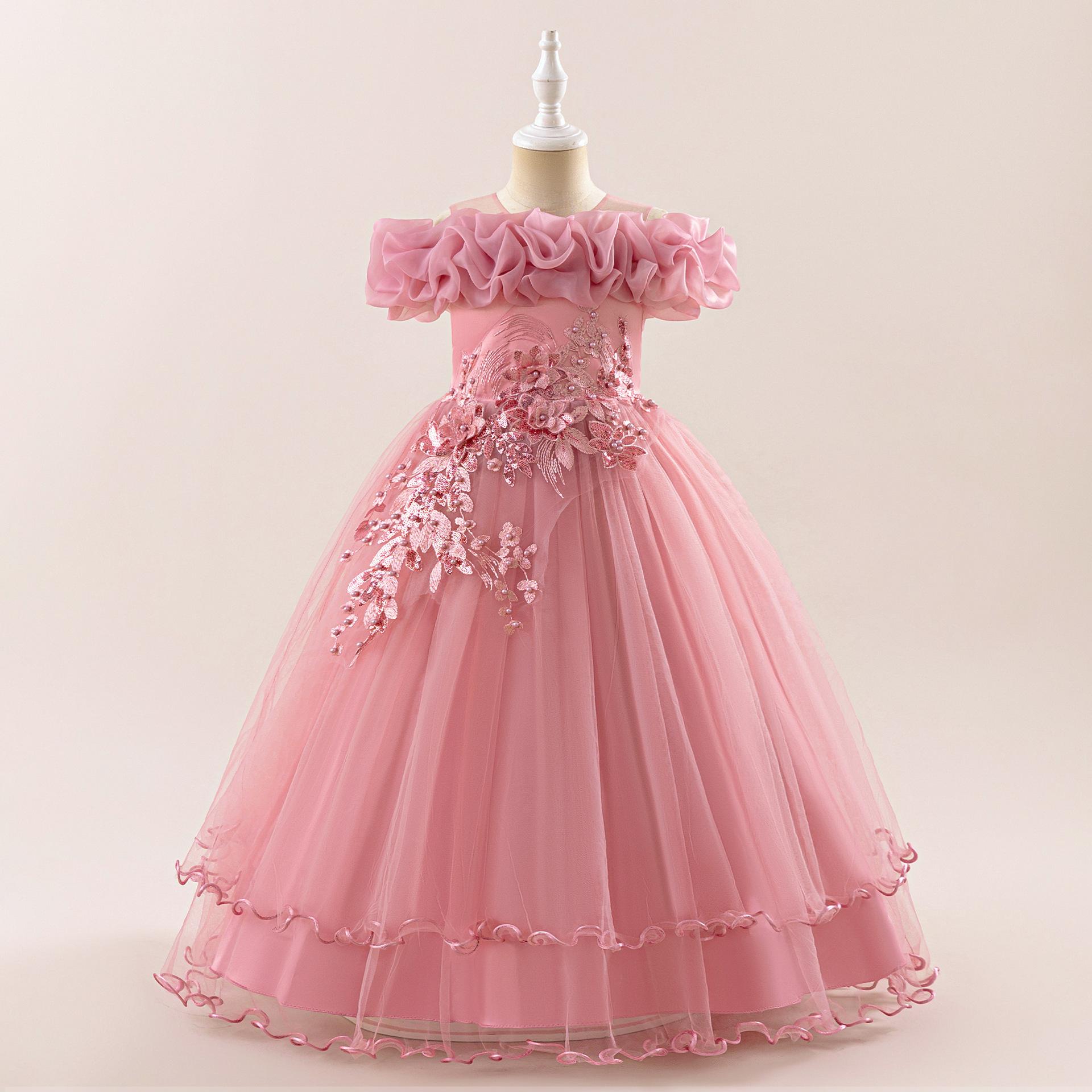 Children s Dress Shoulder Fluffy Dress Princess Dress Girls Wedding Dress Banquet Piano Performance Party Dress Dress 120cm/7Y