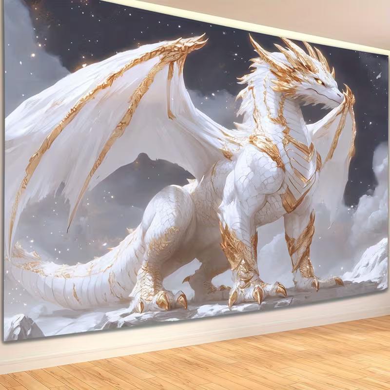 2D Sternenhimmel Weißer Drache Wandteppich Moderne Fantasy Wohnraum Hintergrundtuch