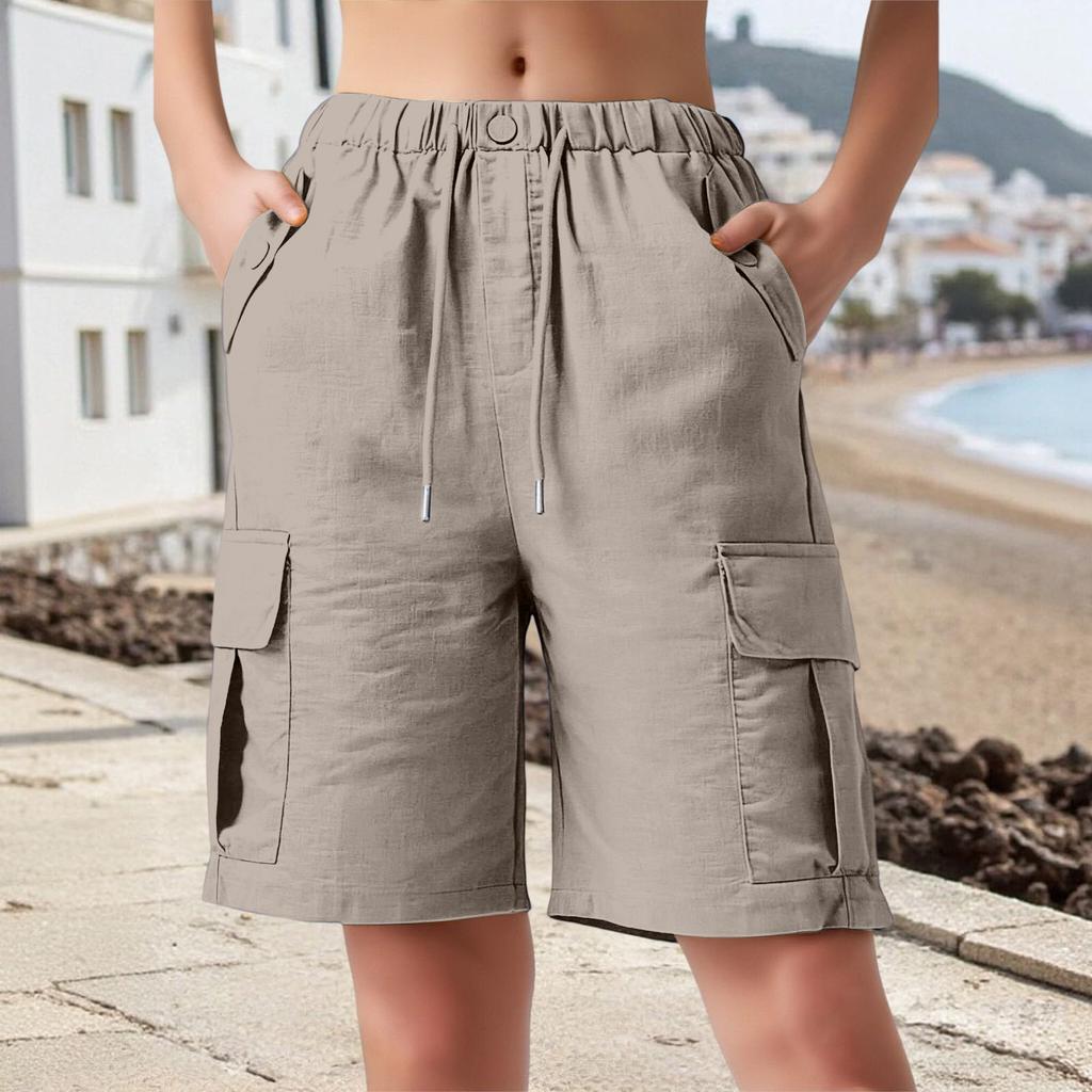 Women's Color Cotton And Linen Loose Casual Shorts With Pockets, Cropped Pants, Work Pants