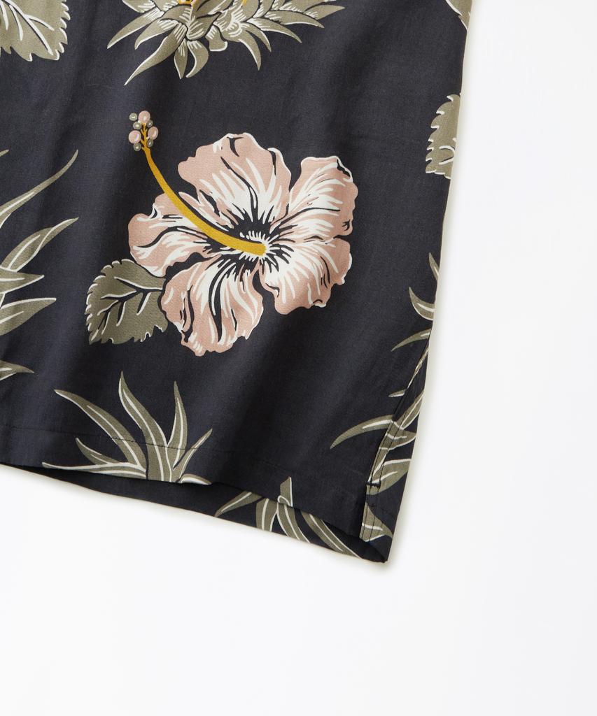OUTSTANDING Hawaiian Open Collar Half Shirt Hibiscus_Black