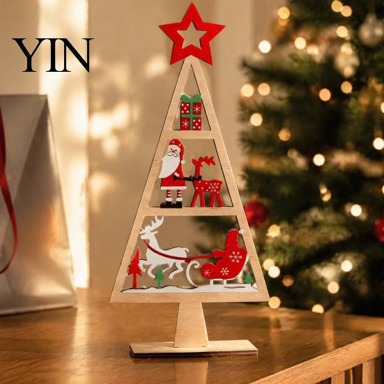 Desktop Christmas Ornament Wooden Tabletop Tree Decor, Hollow Xmas Ornament, Farmhouse Winter Holiday Accents Centerpiece for Party Home Decoration,